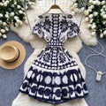 European and american style high-end printed bubble sleeve dress - women's summer tie-waist design, elegant petite midi dress