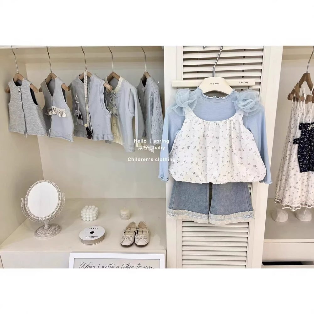【dropshipping】girls' outfit  new baby lace camisole & floral print two-piece set - korean style