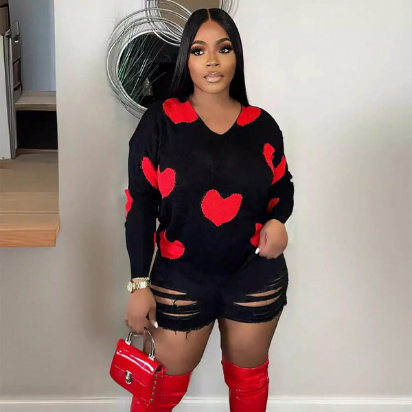S391232 Cross-border love pullover sweater women's autumn and winter knitted jacquard V-neck pullover long-sleeved knitted sweater top