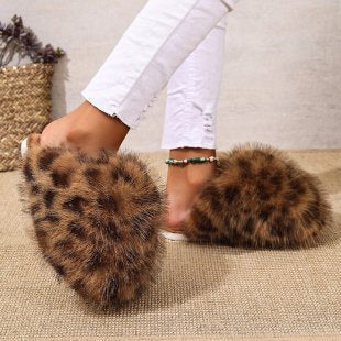 new arrival leopard print long hair toe-warm cotton slippers women's export fluffy large size fur slippers in stock