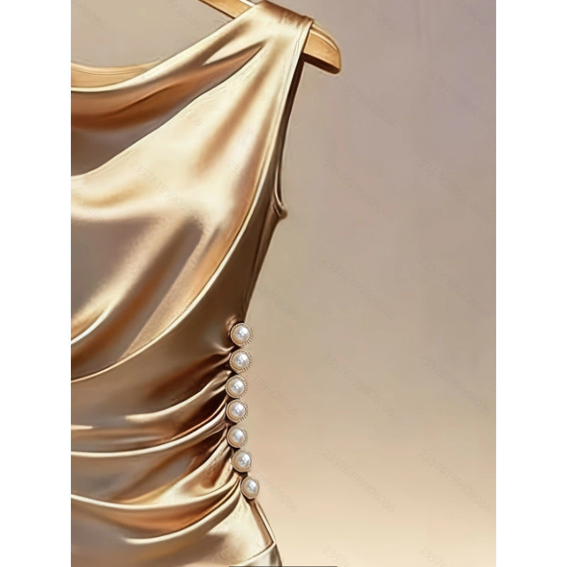 Women's new summer french chic elegant satin sleeveless slim-fit midi dress - perfect for going out and dating