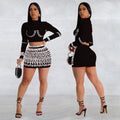 C7128 cross-border   fashion women's long-sleeve sexy bodycon mini skirt rhinestone two-piece set