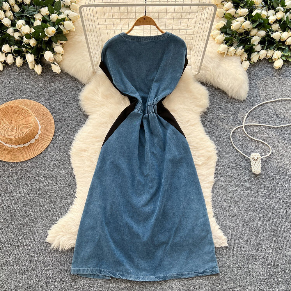 Chinese style outfit women's summer fashion heavy industry diamond embroiderv neck short sleeve patchwork denim dress women's long skirt
