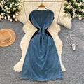 Chinese style outfit women's summer fashion heavy industry diamond embroiderv neck short sleeve patchwork denim dress women's long skirt