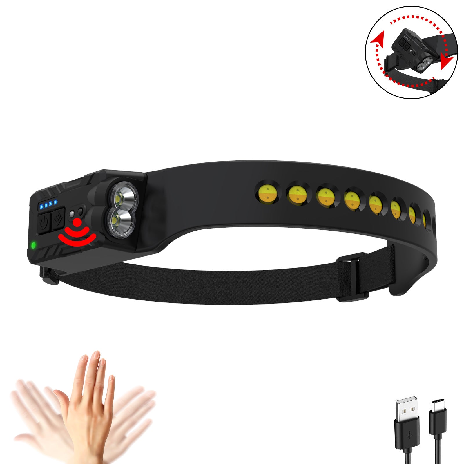 Cross-border new silicone COB headlights, rechargeable night running, cycling, camping, induction rotation adjustment headlights