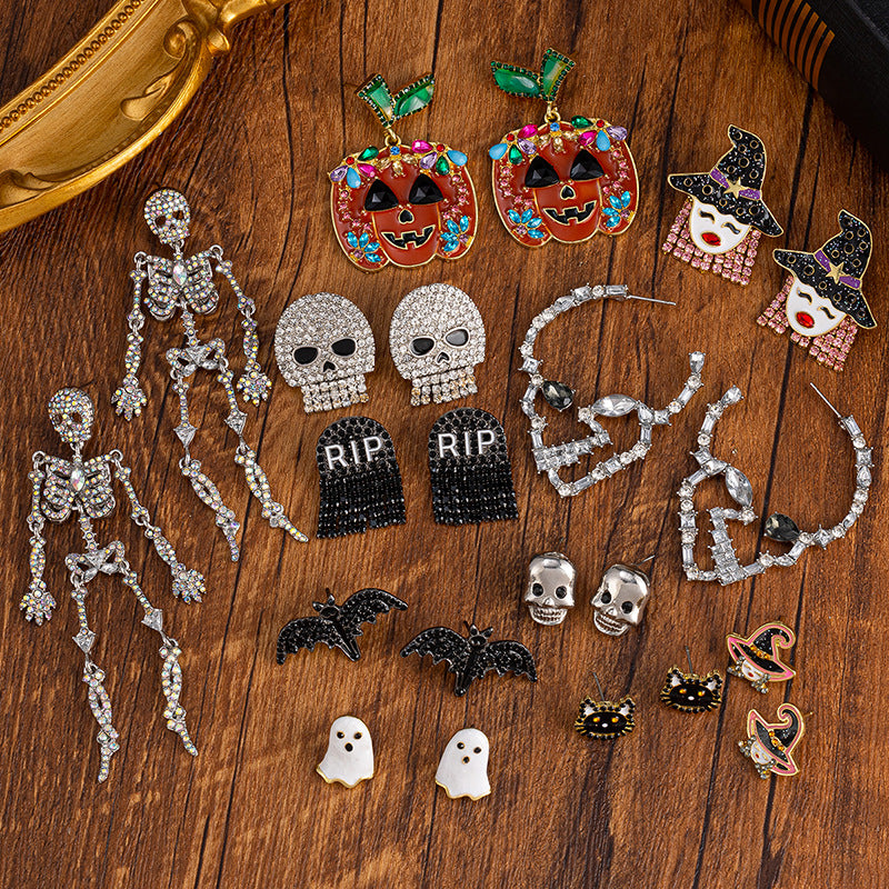 Halloween earrings wholesale fashion cross-border diamond-encrusted skull alloy jewelry pumpkin head witch earrings bat earrings