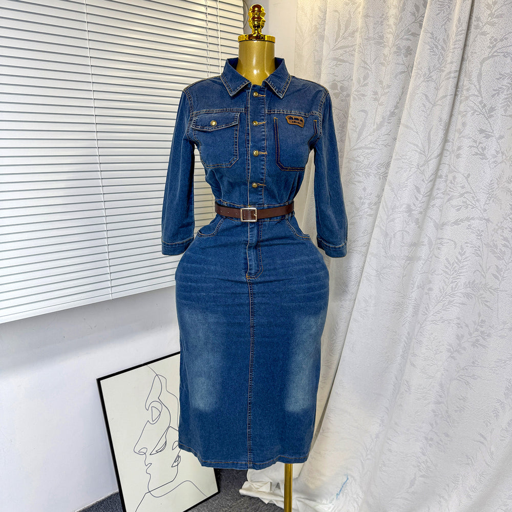 foreign trade autumnew arrivalshirt denim skirt women's retro h-shaped waist micro-elastic denim dress