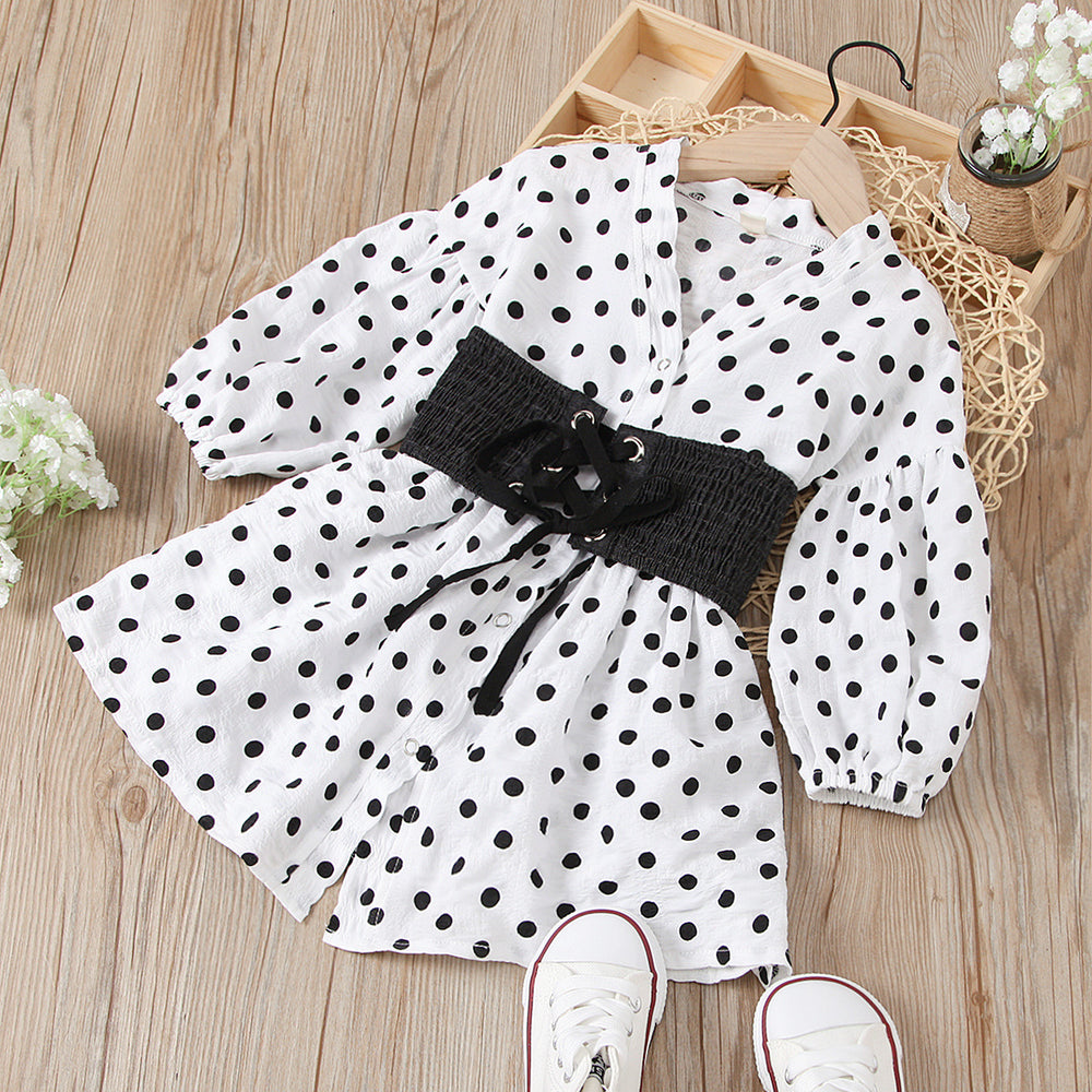 new children's clothing, european and american style, girl's polka dot v-neck petticoat + elastic denim tie two-piece set