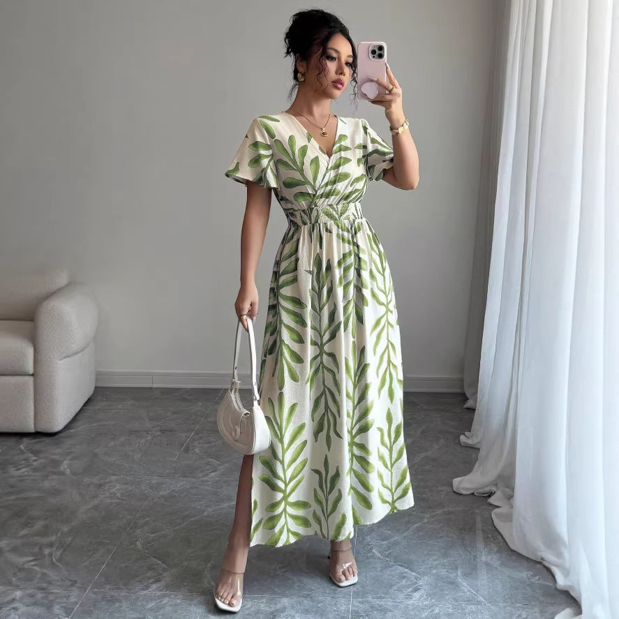 Amazon cross-border  summer new arrival: fresh seaside vacation style cami dress - fitted waist green leaf print dress