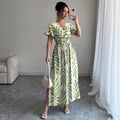 Amazon cross-border  summer new arrival: fresh seaside vacation style cami dress - fitted waist green leaf print dress