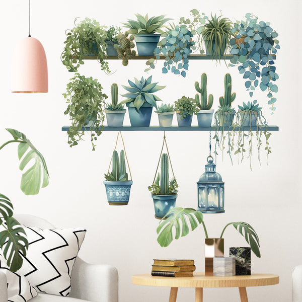 Xian 66043 Cross-border hot-selling potted plant hanging basket wall decoration sticker blue plant leaf removable wall sticker