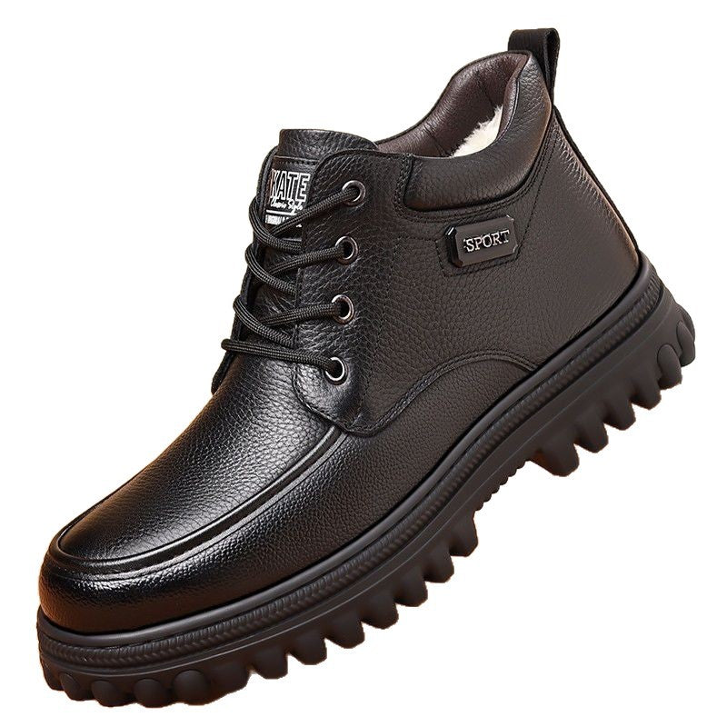 Genuine leather wool-lined thickened leather shoes soft sole winter men's high-top casual dad shoes warm anti-slip snow cotton shoes