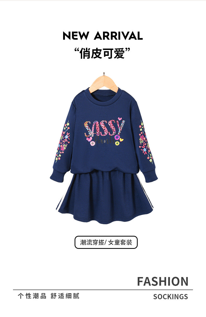 girls' two-piece sweatshirt set: navy blue crewneck long sleeve top with letter and floral print skirt - kids' outfit