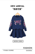 girls' two-piece sweatshirt set: navy blue crewneck long sleeve top with letter and floral print skirt - kids' outfit