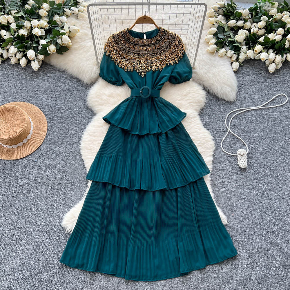 Palace style accessible luxuryclassy puff sleeve dress for women summer heavy industry sequin design beautiful elegant cake long skirt