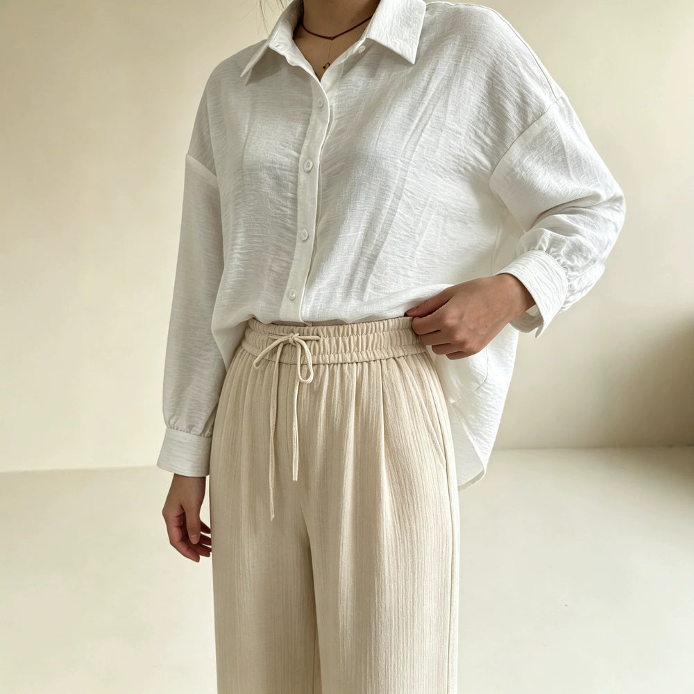 cross-border fashion women's casual comfortable versatile white long-sleeve shirt and casual pants set