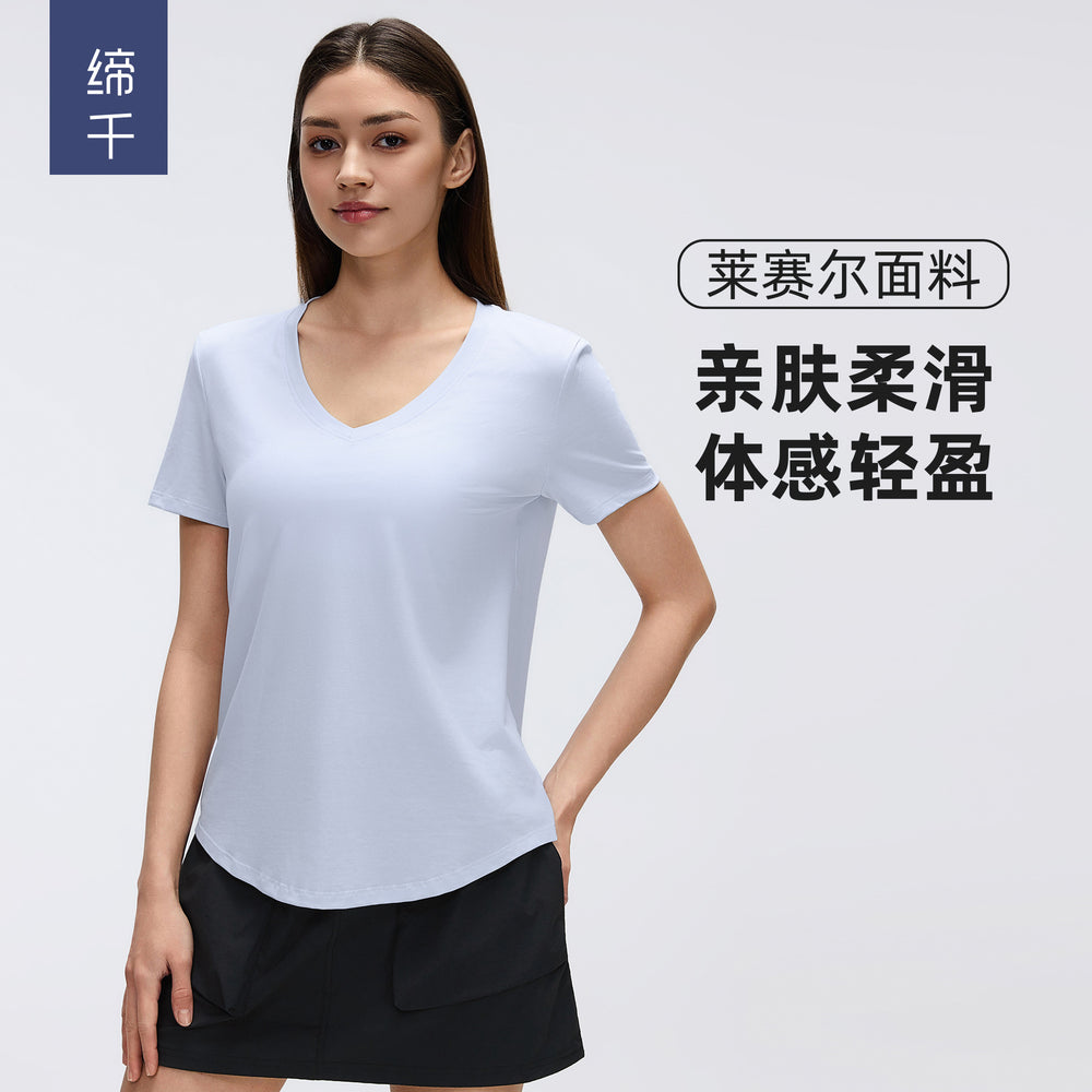 Women's yoga short-sleeve running t-shirt - loose fit, slimming, workout top - summer lightweight - d26087