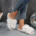 Sweet pearl furry slippers for girls, 2024 autumn/winter collection, thick-soled open-toe cotton slippers, soft sole outdoor wear, front and back slippers