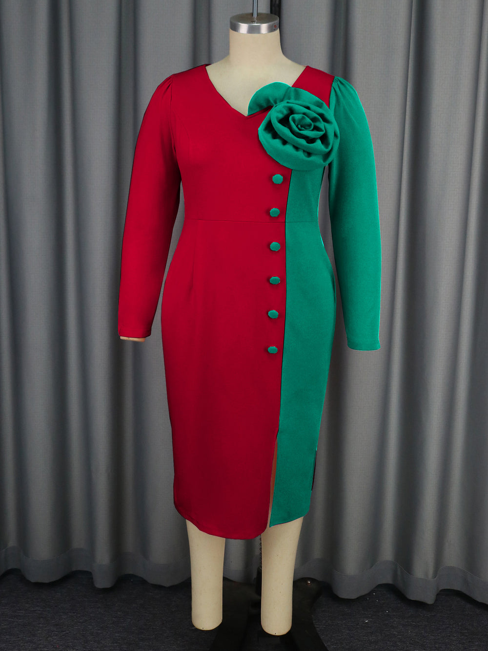 Personalized color block rose print dress - party banquet v-neck long sleeve midi evening gown