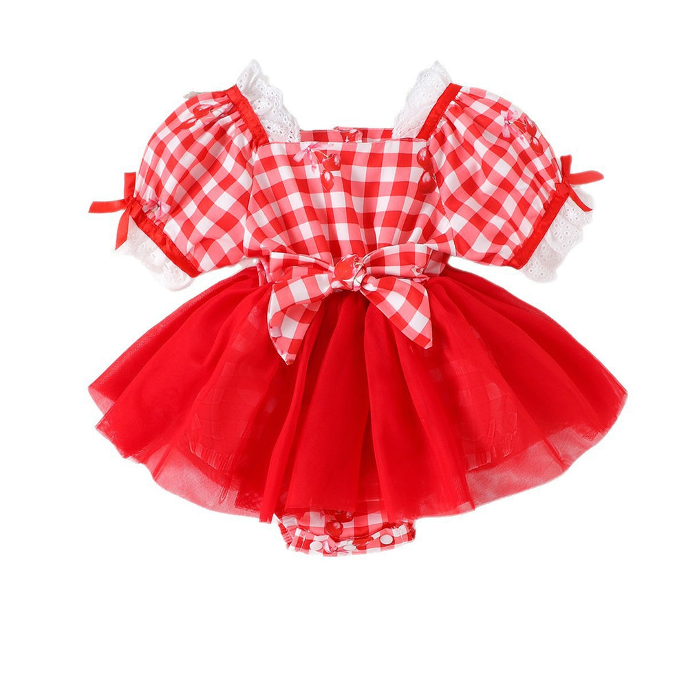 Infant short-sleeve bodysuit with red and white plaid mesh tutu skirt - baby girl's first birthday dress, princess style, ready to ship