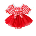 Infant short-sleeve bodysuit with red and white plaid mesh tutu skirt - baby girl's first birthday dress, princess style, ready to ship