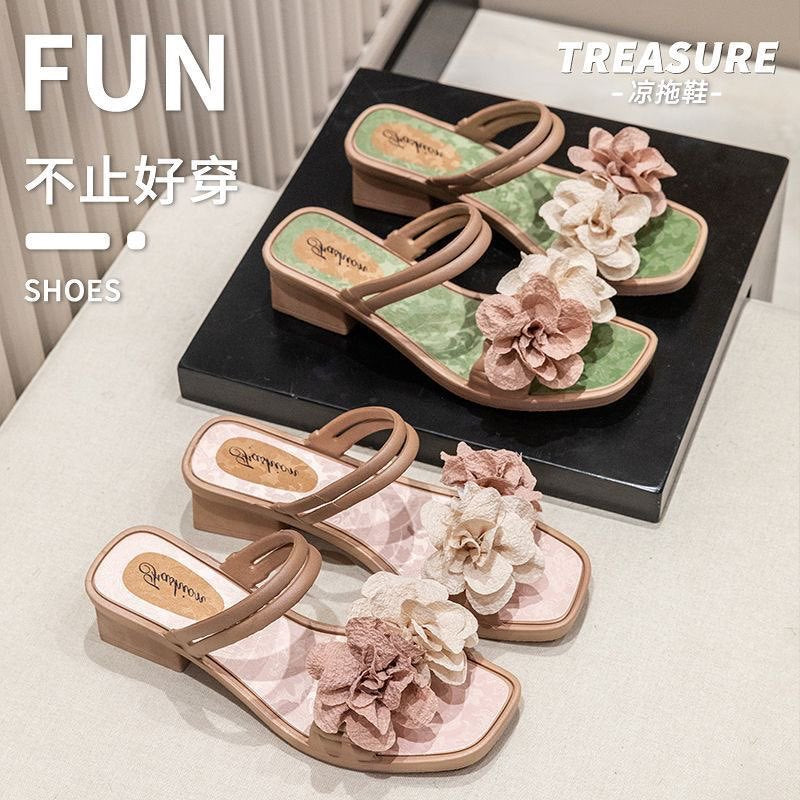 2026 new double-flower slippers: niche, high-end, two-way wear, fairy-tale style, chunky heel, comfortable soft sole, two-wear sandals