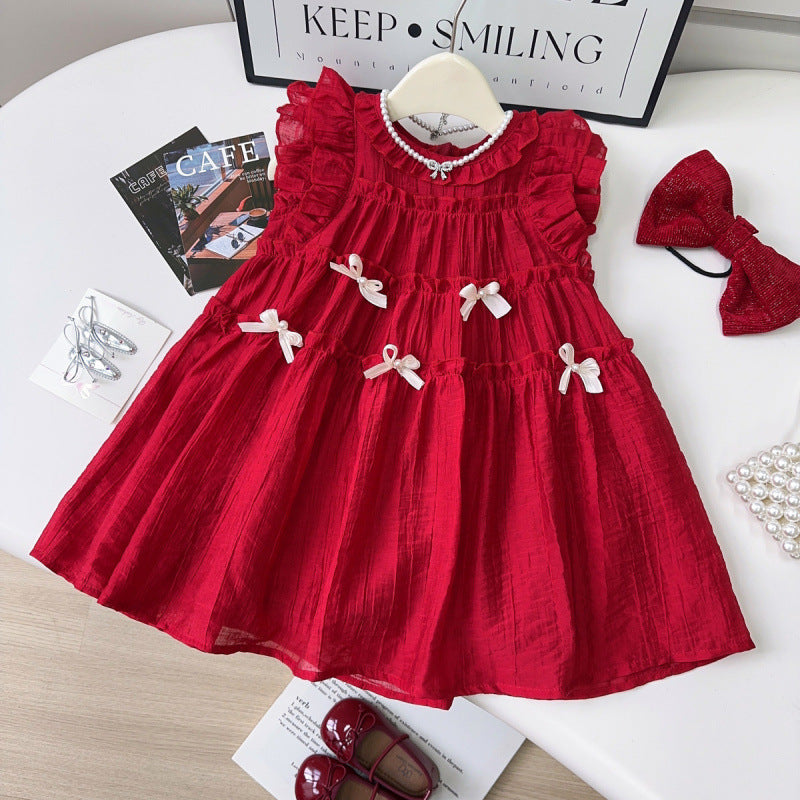 Girls' bowknot flutter sleeve dress - new summer style, sleeveless beach sundress with lace trim for little girls