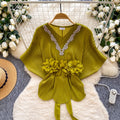 Gentle and lazy style v neckcasual short-sleeved shirt for women  spring strap waist stereo flower decoration tops