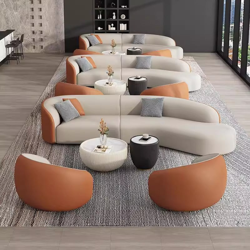Minimalist hotel lobby, grand hall, vip lounge, reception area, sales & negotiation lounge, living room curved leather sofa