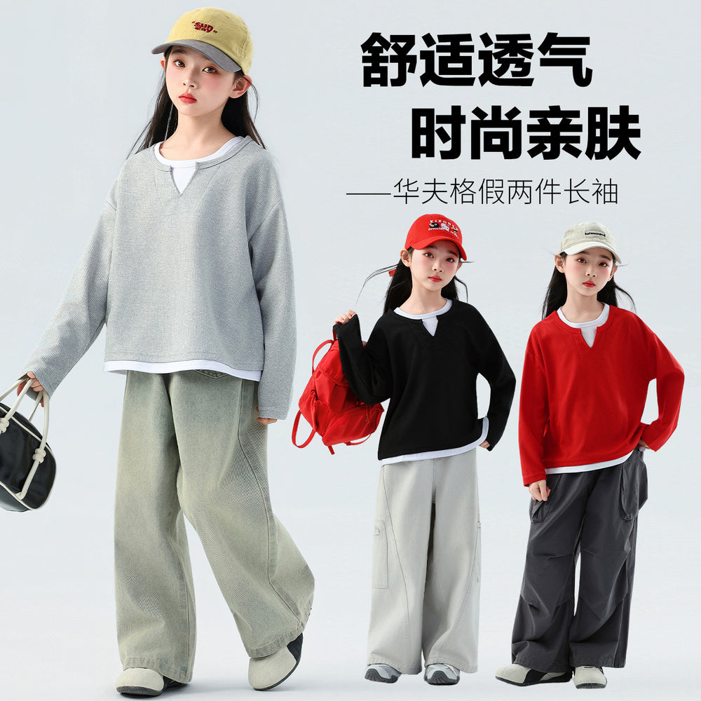 fake two-piece layered sweatshirtgirl waffle gridsv necklong sleeves t-shirt spring autumgirls fitted bottom shirt