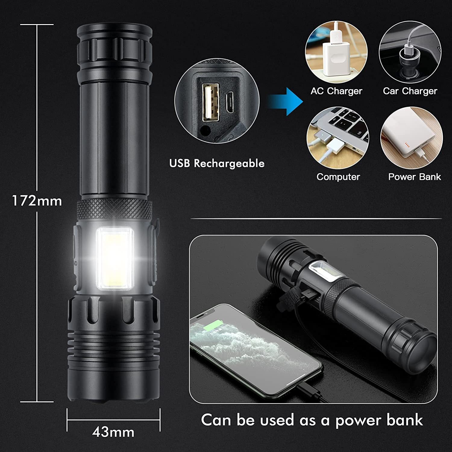 Cross-border new XHP90 + COB strong light flashlight USB charging outdoor zoom side light P160 LED flashlight