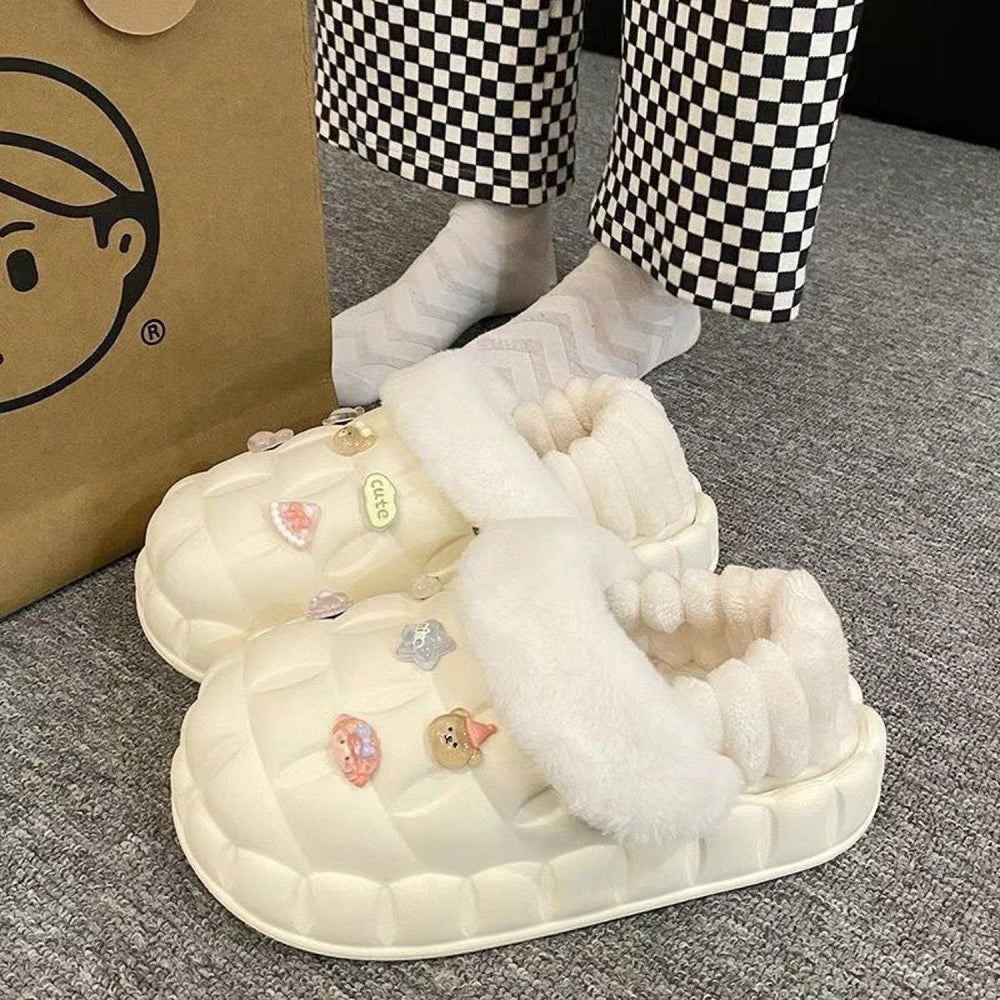 2025 women's winter slippers: cute cartoon design, thick sole, fleece lined, non-slip, wear-resistant, warm, detachable waterproof cotton shoes