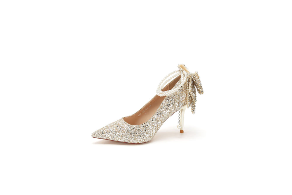 Xiuhe wedding dress bridal crystal sequin coming of age pearl chain bows women's high heels wedding shoes