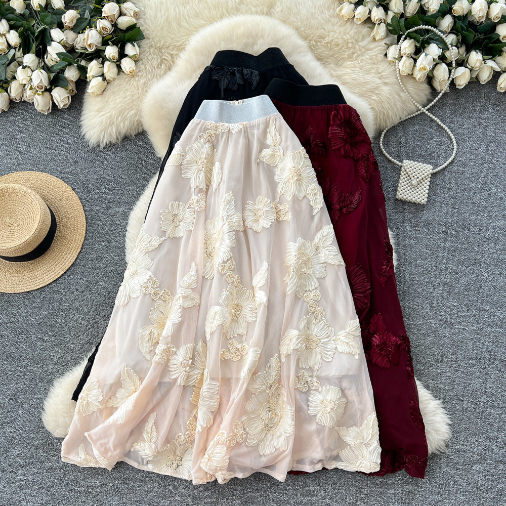 Frenchniche stylefashioneasiest for matchflowerembroiderhigh waist mesh skirt women's autumclassy sense of style mid-length skirt