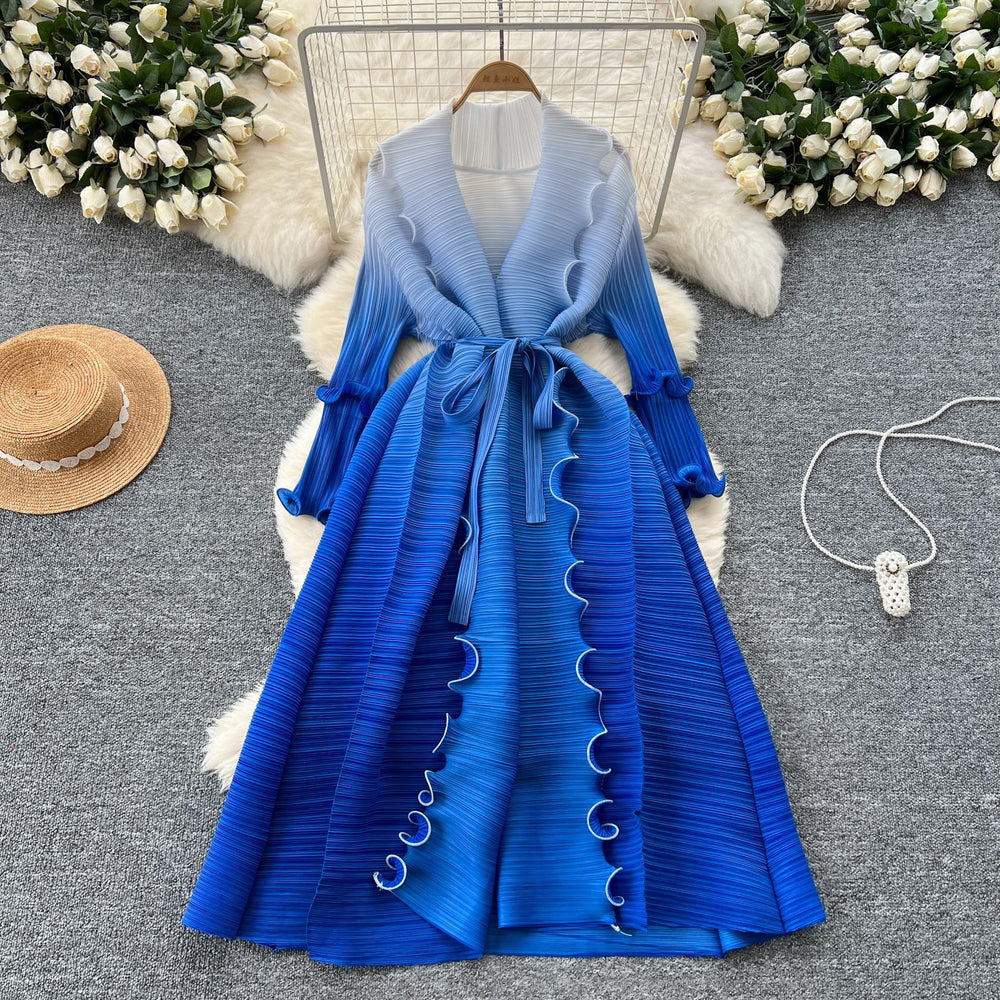 Fashion style loose strap mid-length miya pleated outwear women's fashionable gradient color fungus edge pleated dress