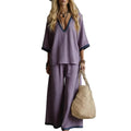 fashion women's summer two-piece set: casual solid color v-neck loose-fit short sleeve top and pants