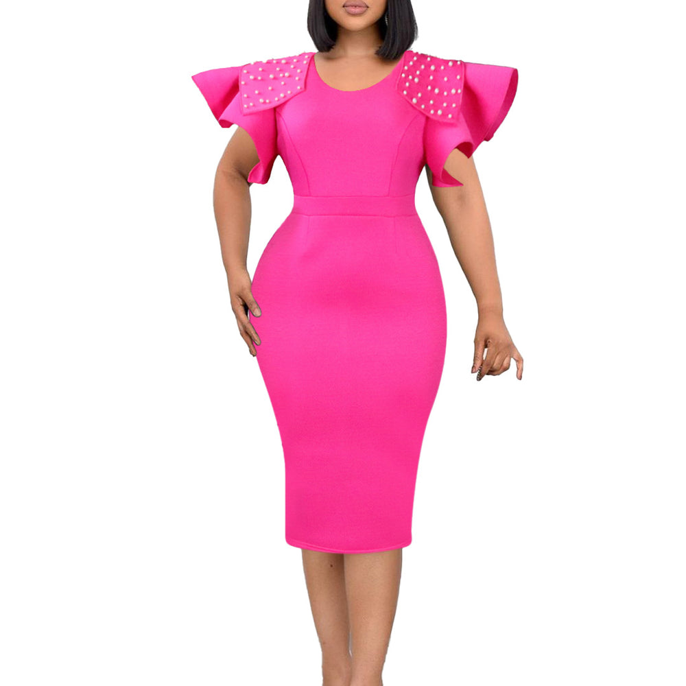 Plus size women's fashion: new  round neck ruffle sleeve slit beaded bodycon office lady dress - european & american style