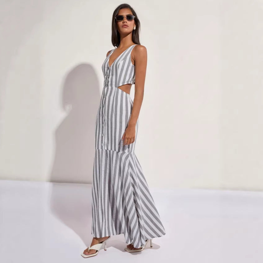 Wholesale foreign trade  summer european and american fashion v-neck striped versatile v-neck dress