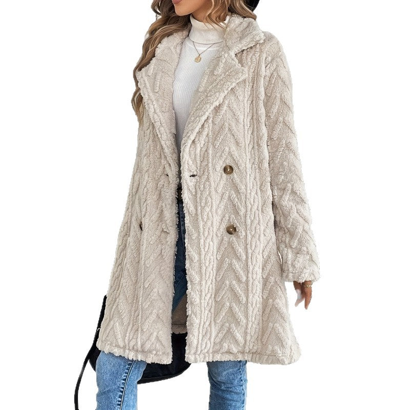 Europe and the United States  popular hot-selling double-sided plush socket casual double-breasted cardigan medium and long coat women~ independent station