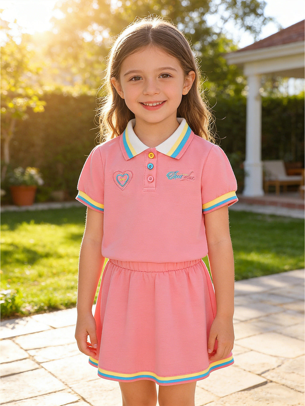 summer new arrival: girls' cute embroidered rainbow stripe collar polo dress two-piece outfit