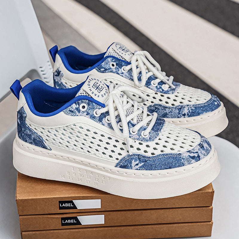 Men's summer breathable woven mesh versatile athletic casual trendy shoes - men's anti-slip thick-soled height-increasing white sneakers