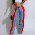 new european and american style fashion denim patchwork three-stripe wide-leg jeans casual stretch straight-leg trousers