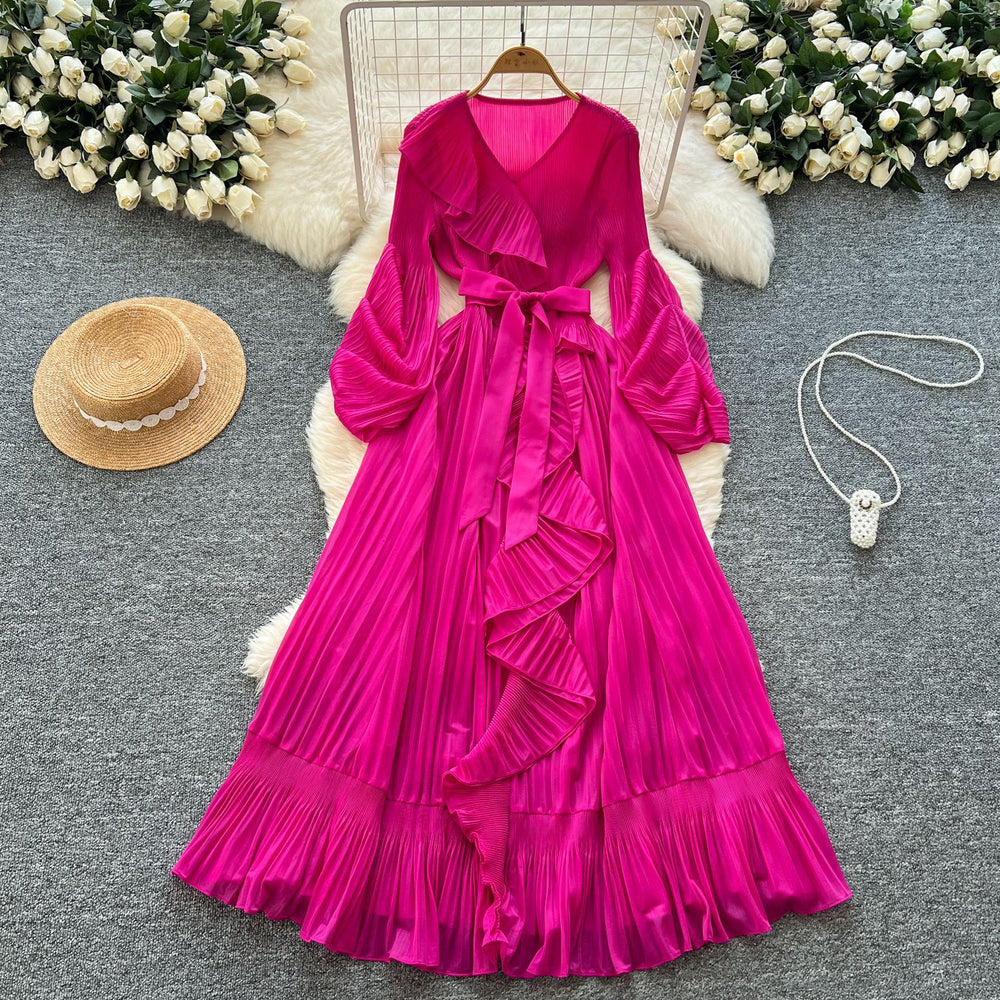 French style socialite issey miyake pleated v-neck long sleeve tie-waist ruffle hem maxi dress - elegant women's flowing dress