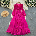 French style socialite issey miyake pleated v-neck long sleeve tie-waist ruffle hem maxi dress - elegant women's flowing dress