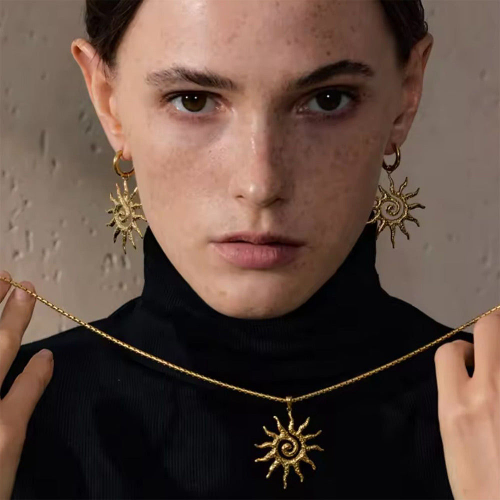 Golden sun necklace wholesale european and american cross-border hollow pendant earrings niche high-end spiral jewelry ring for women