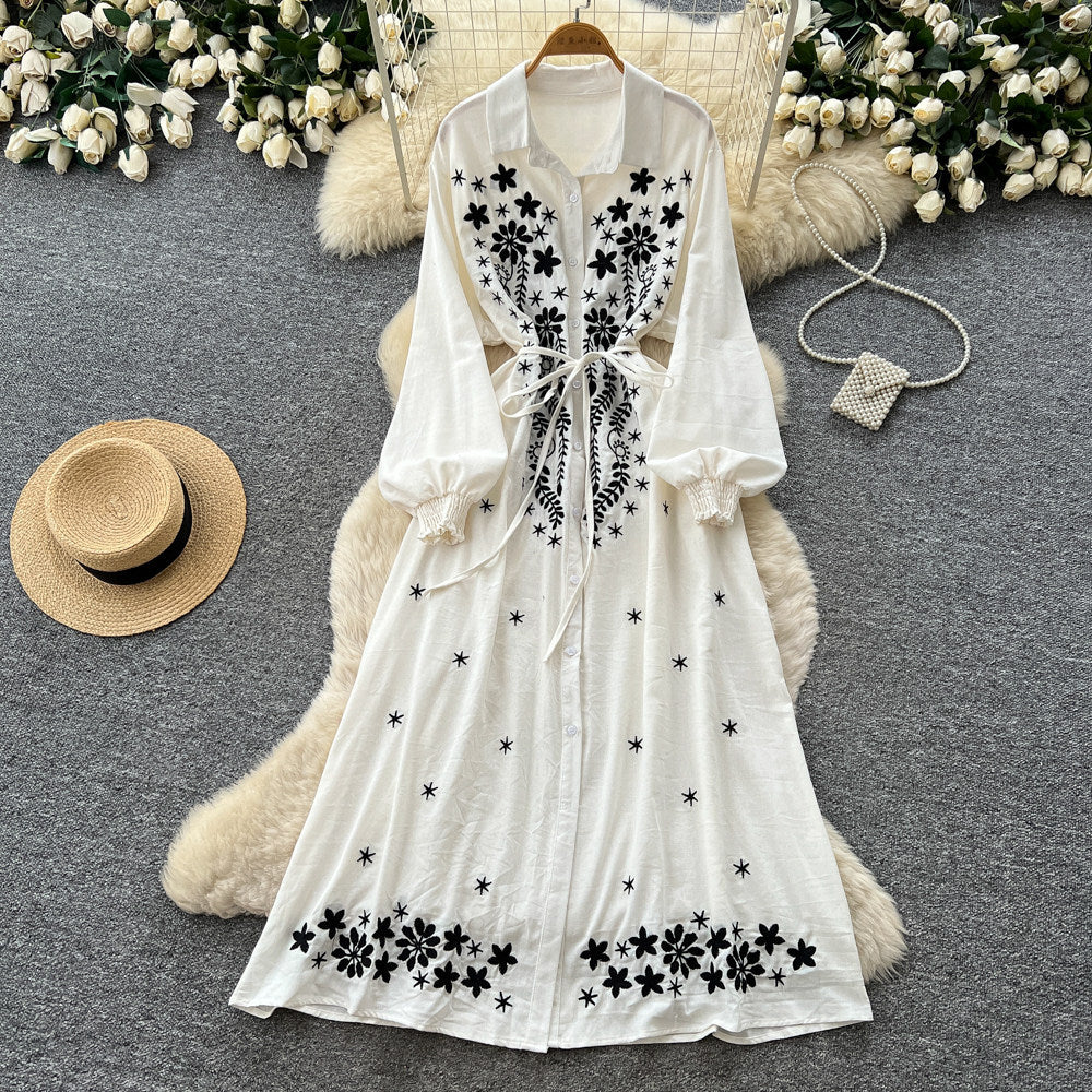 K-stylefloralsembroider silm type dress women's summerlong sleeves lapel waist slimming look a-line skirt work clothingelegant skirt