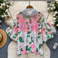 Vacation style heavy industry diamond-encrusted doll collar lantern sleeve printingshirt women's summer short-sleeved looseslimming lookcardigantops