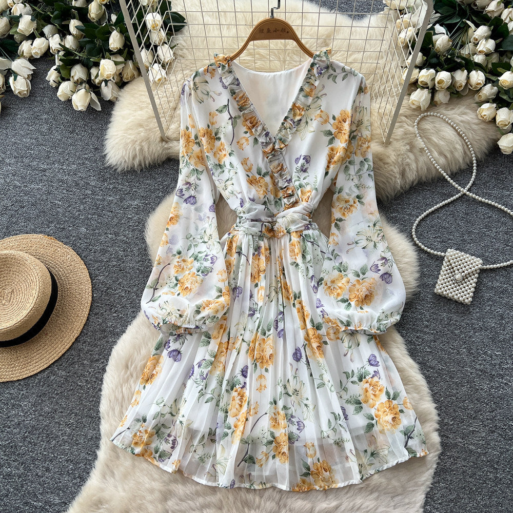 French floral print dress for women, spring  collection: long sleeve, v-neck, tie-waist, a-line silhouette – slimming, elegant, and chic