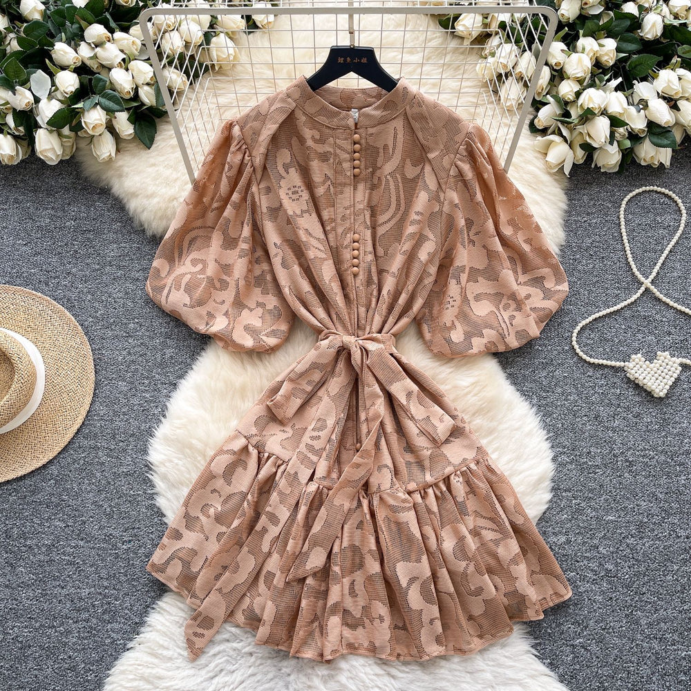 Accessible luxury palace style puff sleeve dress women's summer mesh embroiderpatchwork stand collar design elegant royal sister short skirt