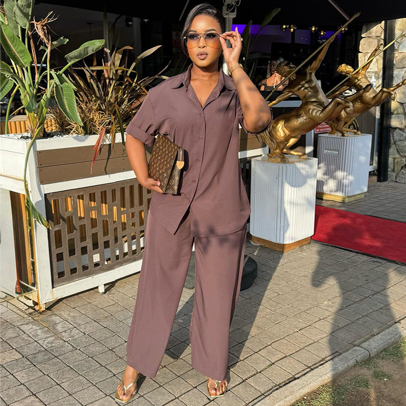 European and american women's clothing  autumn new collection: sweet and fresh turn-down collar long sleeve shirt and high-waisted straight-leg pants two-piece set